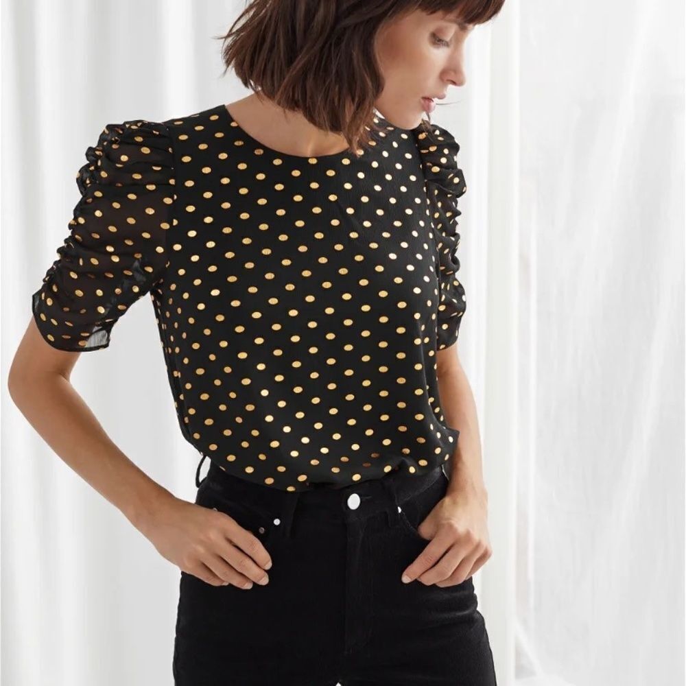 & Other Stories Black/Gold Polka Dot Ruched‎ Sleeve Top Sz 0